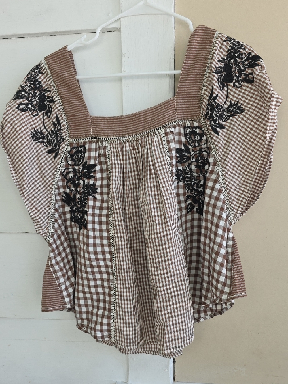 Brown Gingham Square-Neck Peasant Top with Black Floral Embroidery
